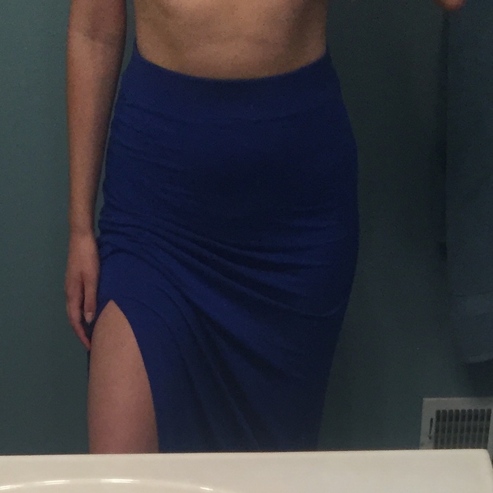 blue maxi skirt with high leg slit